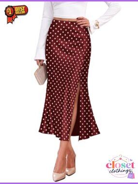 Satin High Waist Midi Skirt Side Slit Cocktail Party